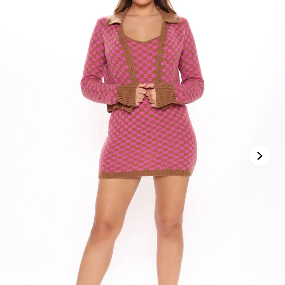 Pink and Brown Checkered Knit Dress and Cardigan Set